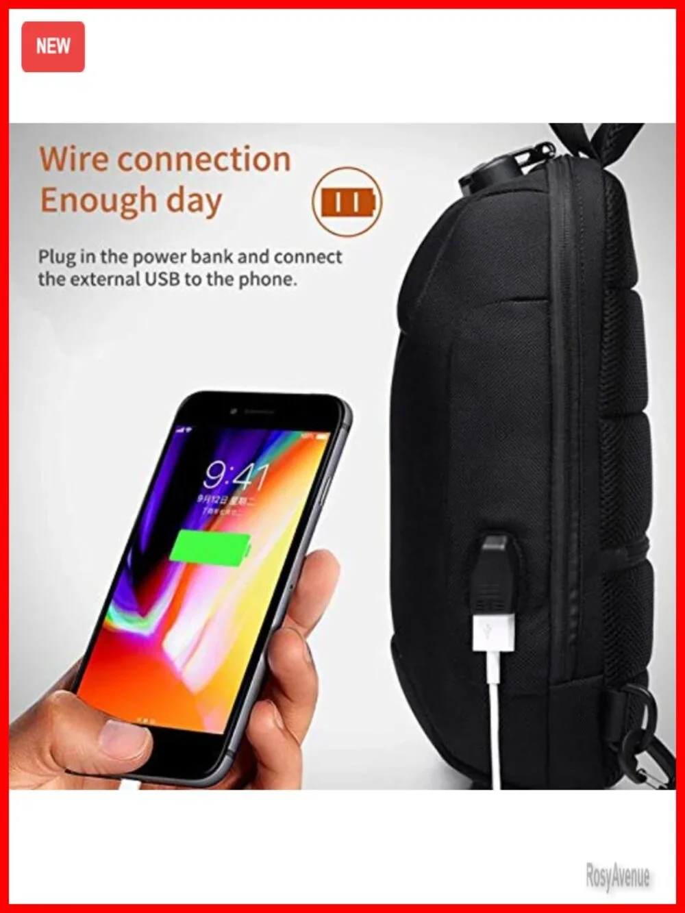 Men's Anti-Theft Sling Backpack Crossbody Bag with USB Charging Port Waterproof